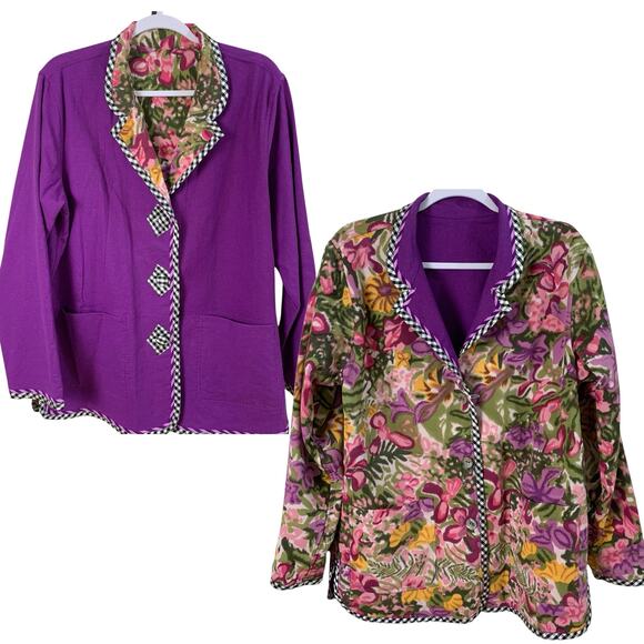 Koos of Coursee! Size M Linen Blend Art to Wear Reversible Floral Jacket Purple - Picture 1 of 12